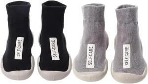 2 Pairs Baby Soft Rubber Sole Shoes Toddler Girls Boys Non Slip Walking Shoes Infant Cotton Floor Slipper Sock Shoes(Black Grey,2-3Y)