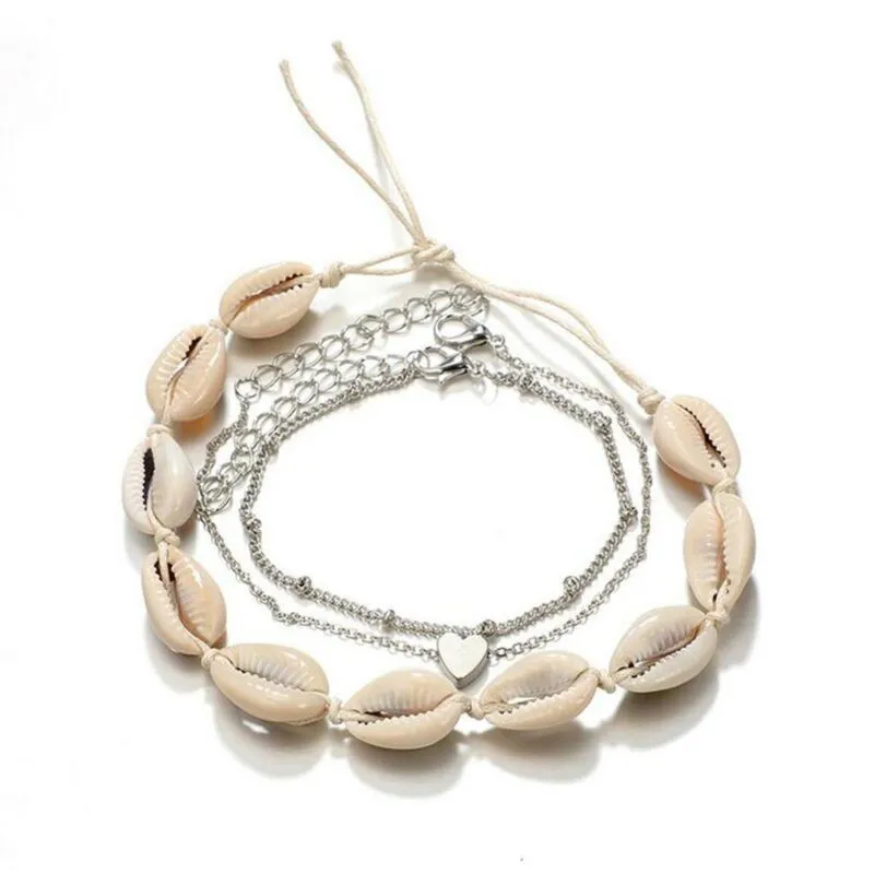 3PCS/set  Sea Shell Bead Anklet Heart Charm Bracelet Chain