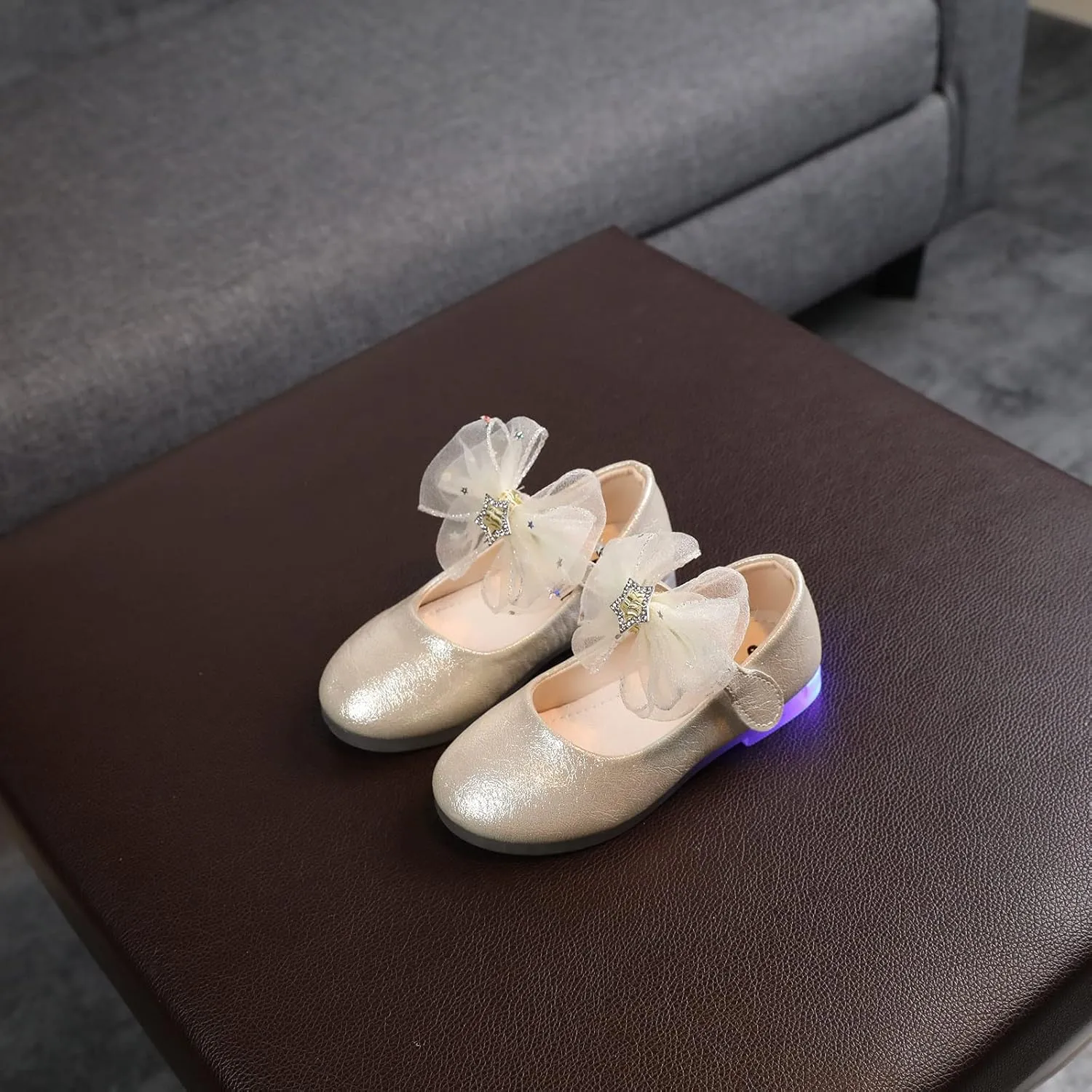 Baby Girl Bow Embellished Shoe Soft Sole Textured Sandals Princess Hook and Loop Low Heel Splicing Rhinestone Shoes