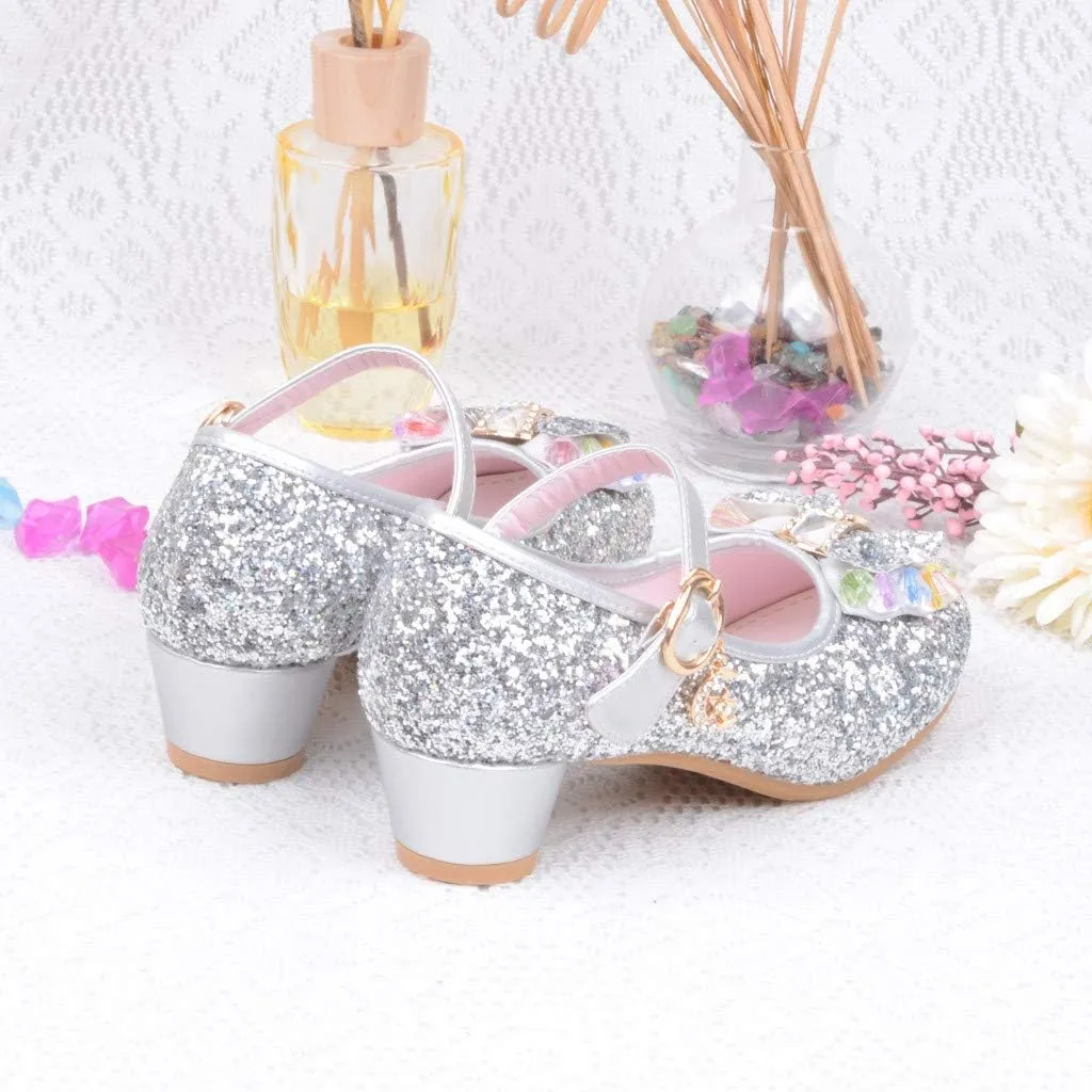 Baby Girl Sequin Bowknot Embellished Shoe Hook and Loop Splicing Metal Chain Sandal Thick Low Heel Princess Shoes
