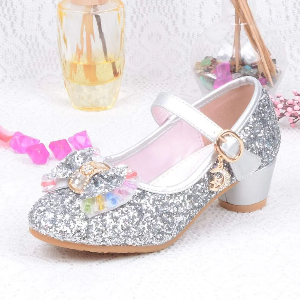 Baby Girl Sequin Bowknot Embellished Shoe Hook and Loop Splicing Metal Chain Sandal Thick Low Heel Princess Shoes