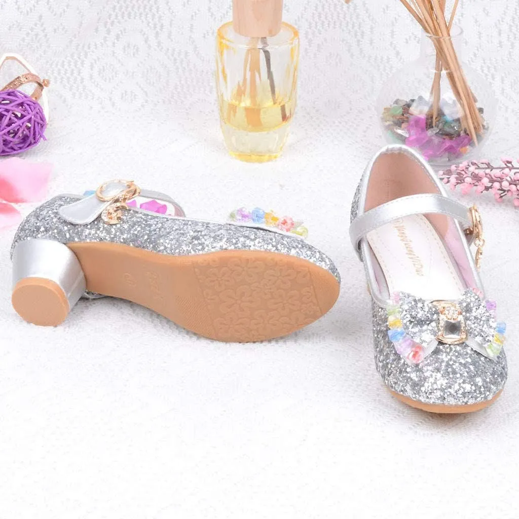 Baby Girl Sequin Bowknot Embellished Shoe Hook and Loop Splicing Metal Chain Sandal Thick Low Heel Princess Shoes