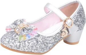Baby Girl Sequin Bowknot Embellished Shoe Hook and Loop Splicing Metal Chain Sandal Thick Low Heel Princess Shoes
