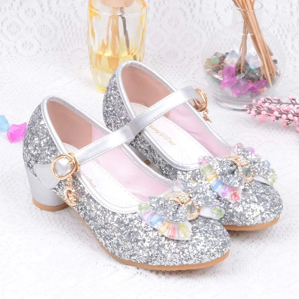 Baby Girl Sequin Bowknot Embellished Shoe Hook and Loop Splicing Metal Chain Sandal Thick Low Heel Princess Shoes