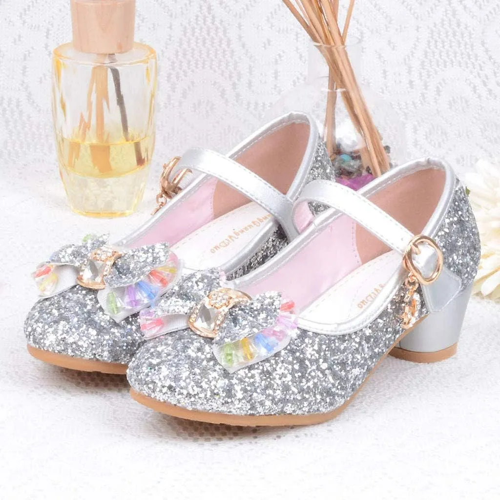 Baby Girl Sequin Bowknot Embellished Shoe Hook and Loop Splicing Metal Chain Sandal Thick Low Heel Princess Shoes