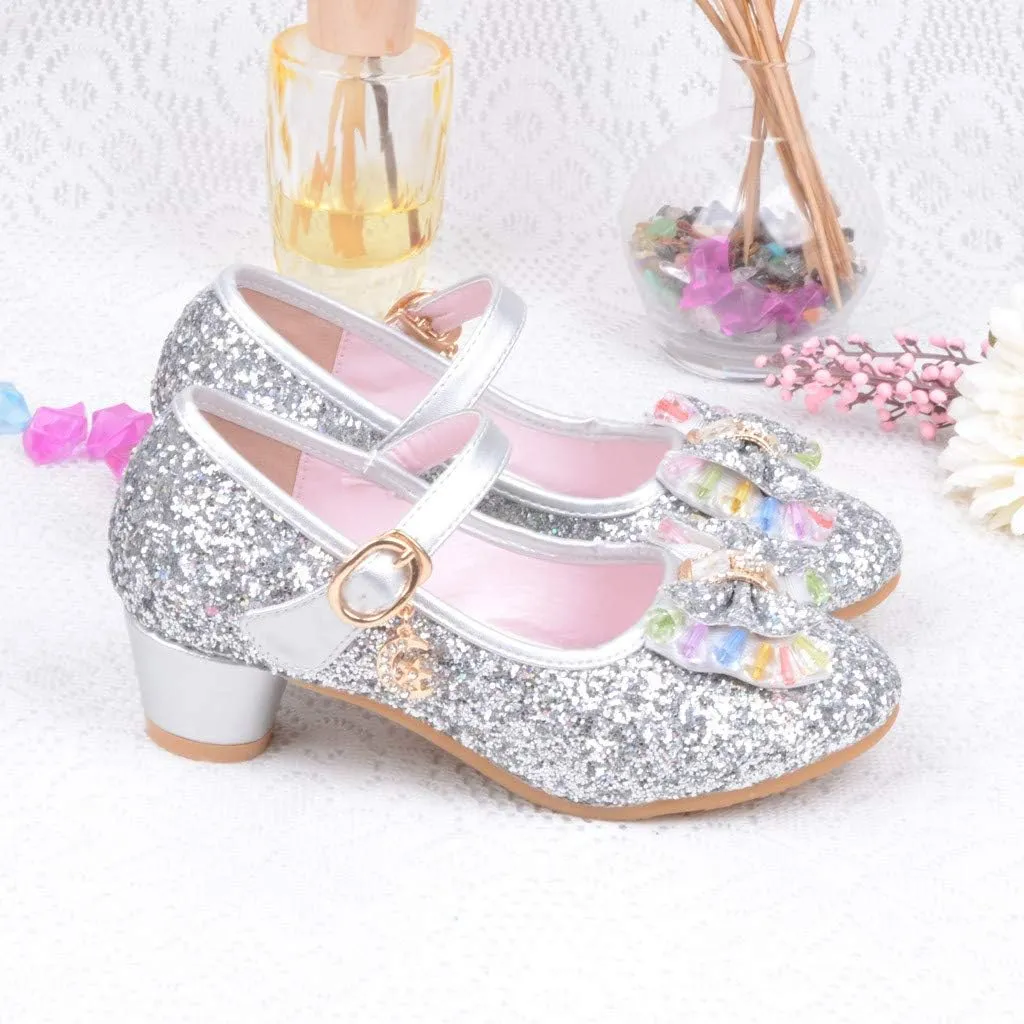 Baby Girl Sequin Bowknot Embellished Shoe Hook and Loop Splicing Metal Chain Sandal Thick Low Heel Princess Shoes