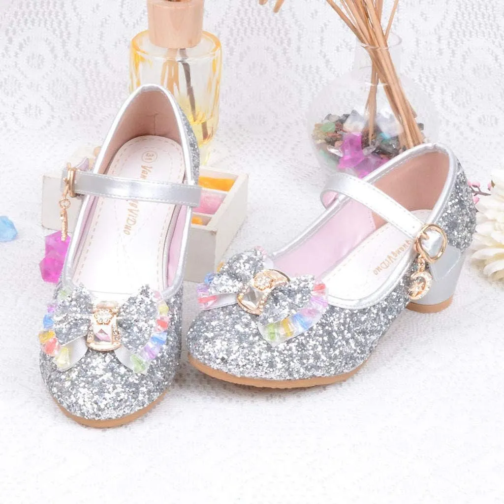 Baby Girl Sequin Bowknot Embellished Shoe Hook and Loop Splicing Metal Chain Sandal Thick Low Heel Princess Shoes