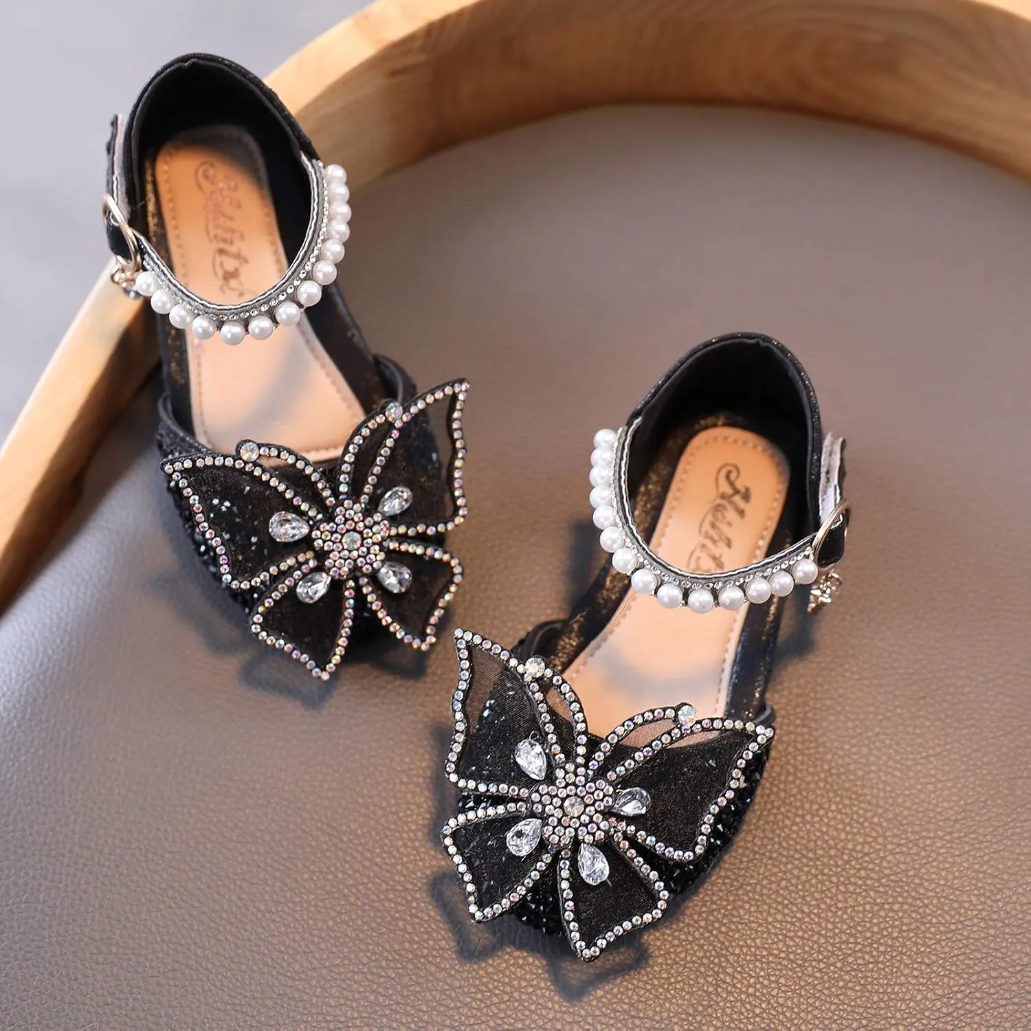 Baby Girl Solid Diamond Embellished Shoe Butterfly Hook and Loop Metal Sandals Princess Splicing Rhinestone Flats