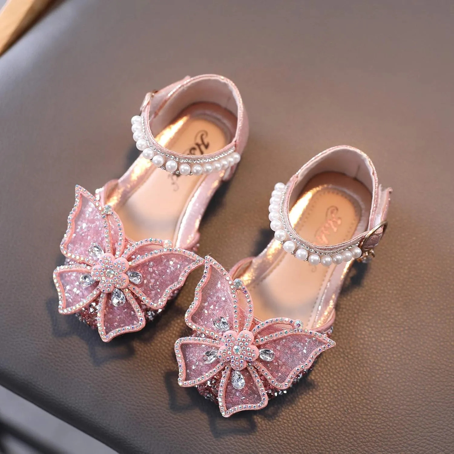 Baby Girl Solid Diamond Embellished Shoe Butterfly Hook and Loop Metal Sandals Princess Splicing Rhinestone Flats