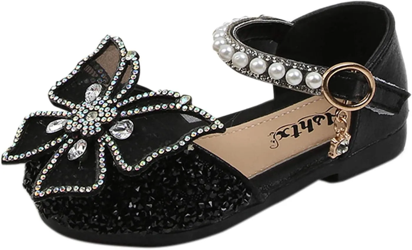 Baby Girl Solid Diamond Embellished Shoe Butterfly Hook and Loop Metal Sandals Princess Splicing Rhinestone Flats