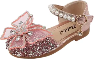 Baby Girl Solid Diamond Embellished Shoe Butterfly Hook and Loop Metal Sandals Princess Splicing Rhinestone Flats