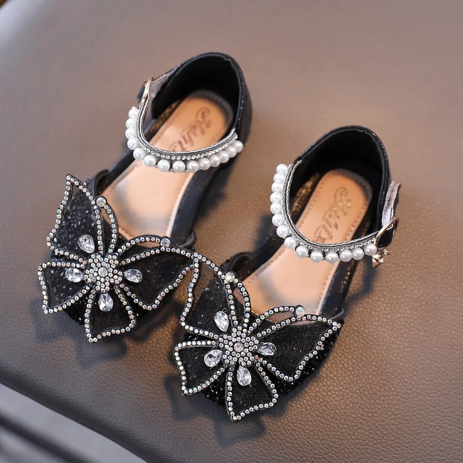 Baby Girl Solid Diamond Embellished Shoe Butterfly Hook and Loop Metal Sandals Princess Splicing Rhinestone Flats