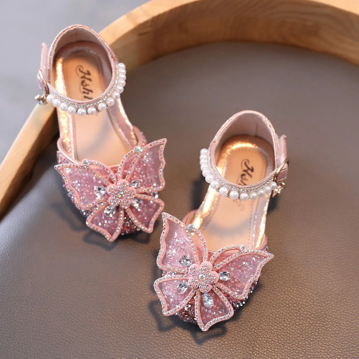 Baby Girl Solid Diamond Embellished Shoe Butterfly Hook and Loop Metal Sandals Princess Splicing Rhinestone Flats