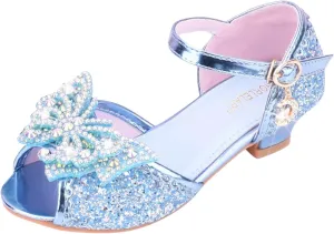 Baby Girls Bow Sequins Pearl Princess Sandals Open Toe High Heels Glitter Ankle Dress Shoes Toddler Summer Outdoor Strap