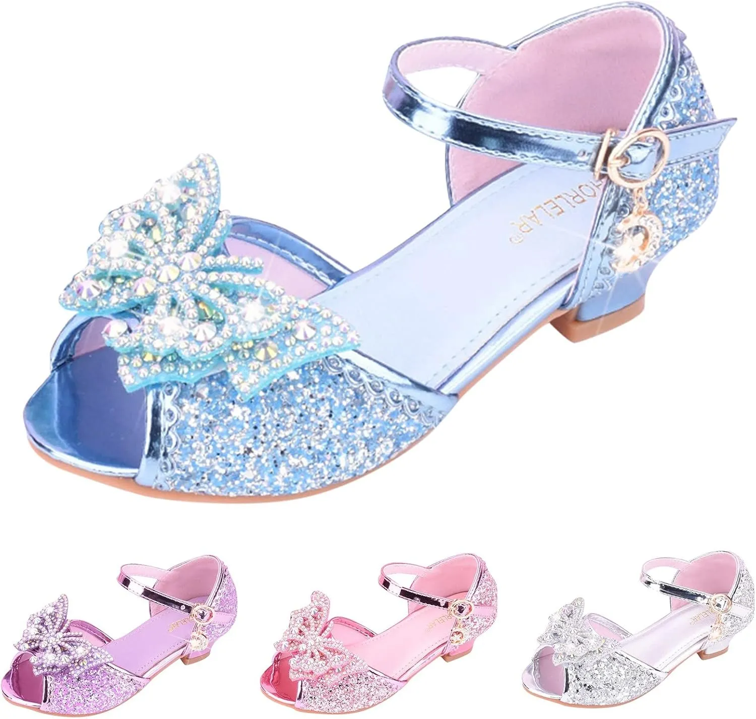Baby Girls Bow Sequins Pearl Princess Sandals Open Toe High Heels Glitter Ankle Dress Shoes Toddler Summer Outdoor Strap