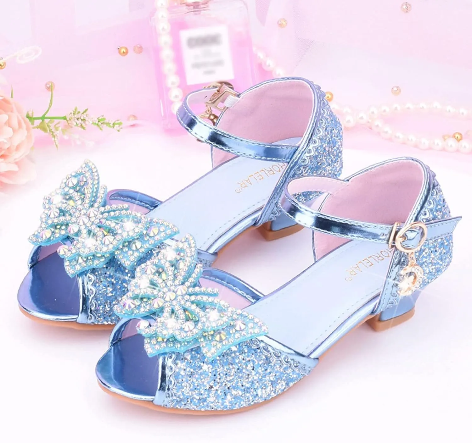 Baby Girls Bow Sequins Pearl Princess Sandals Open Toe High Heels Glitter Ankle Dress Shoes Toddler Summer Outdoor Strap