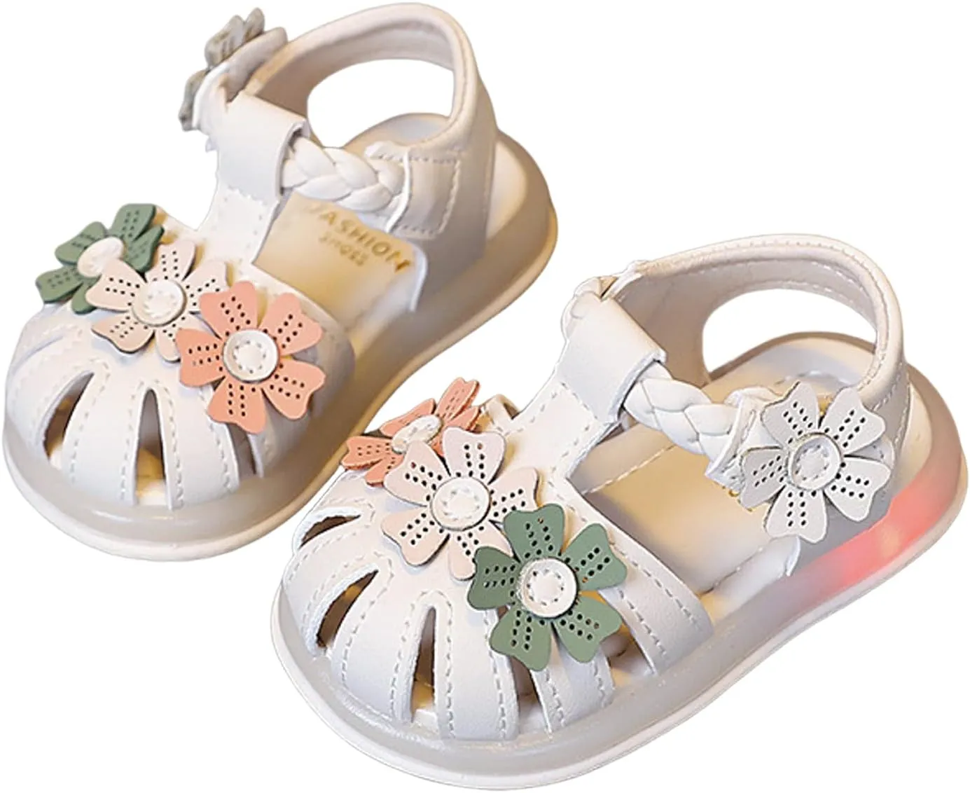 Baby Girls Light Up Sandals Infant Flower Closed Toe Soft Sole Princess Dress Flats Toddler First Walkers Crib Dress Shoes