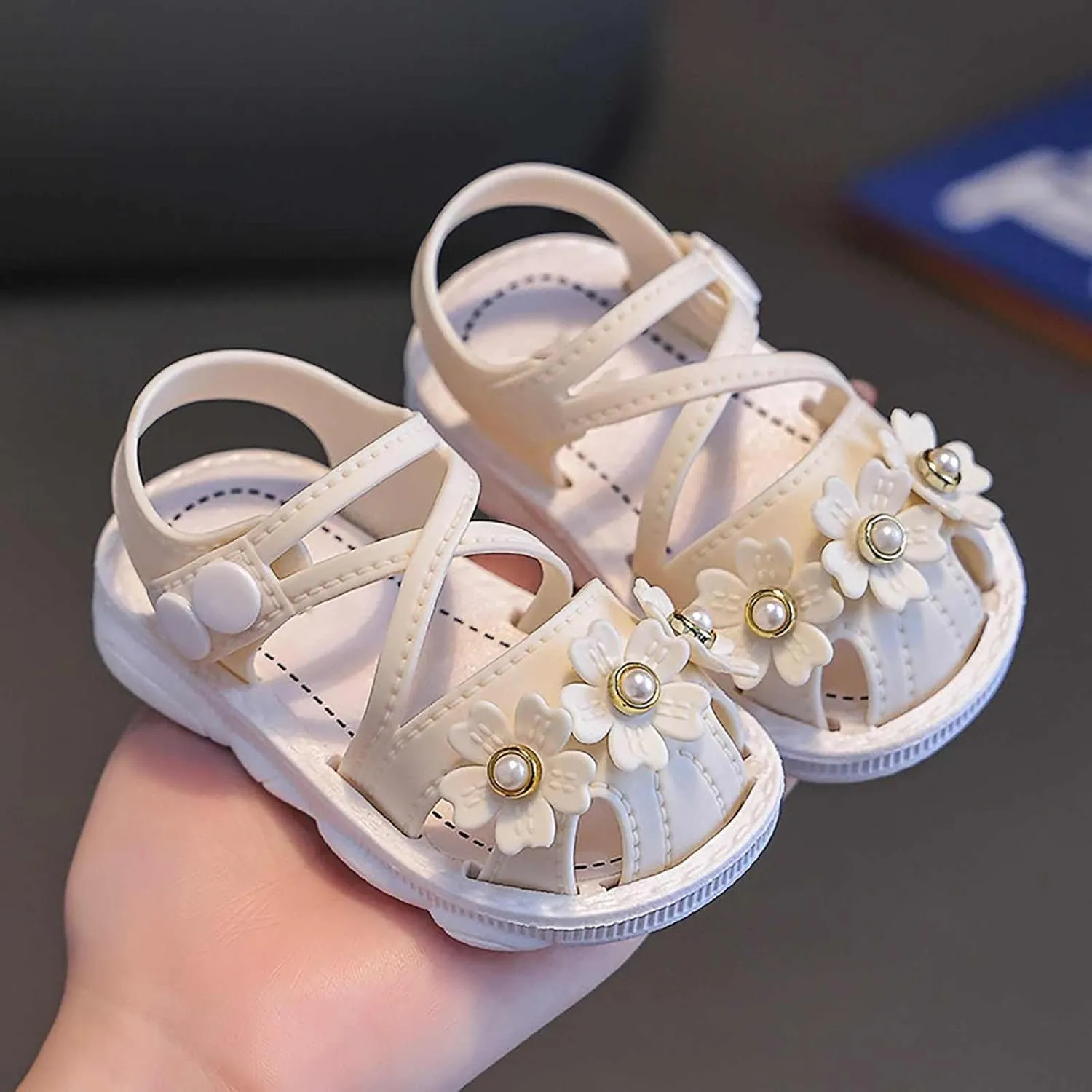 Baby Girls Pearl Flower Sandals Foam Soft Leather Non Slip Water Shoes Toddler Kids Bump Toe Summer Casual Sandals