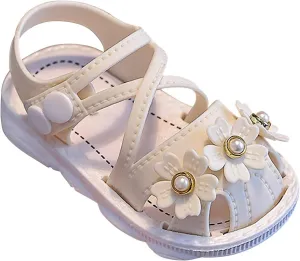 Baby Girls Pearl Flower Sandals Foam Soft Leather Non Slip Water Shoes Toddler Kids Bump Toe Summer Casual Sandals