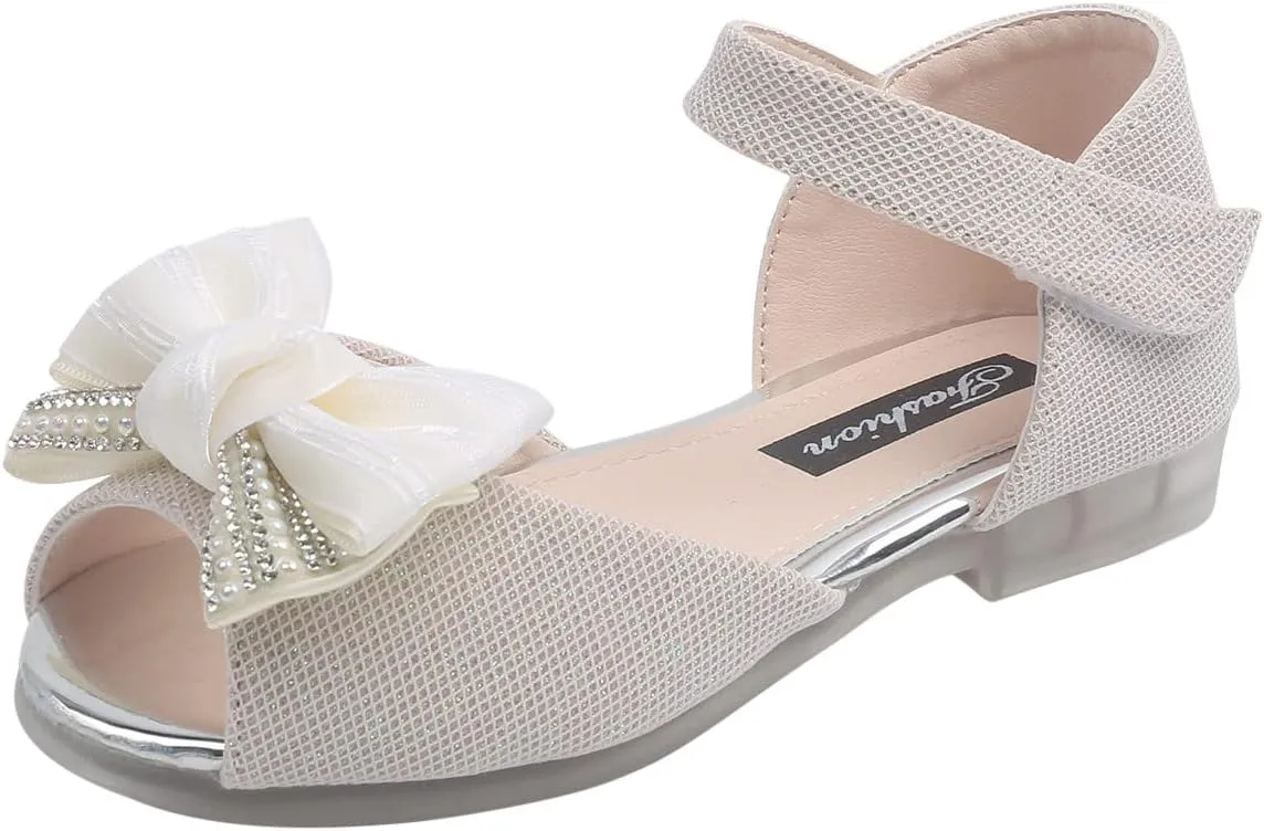 Baby Girls Sandals Diamond Bow Princess Slip On Shoes Soft Sole Fish Mouth Cute Sandal Shoes Kids Daily Comfort Shoe Q-278 Beige 10.5