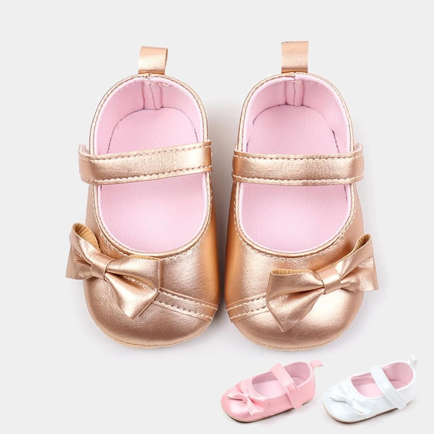 Baby Infant Mary Jane Shoes Gold Leather Bow Hook Loop Ankle Sandals Toddler Newborn Summer Closed Toe Walking Shoes