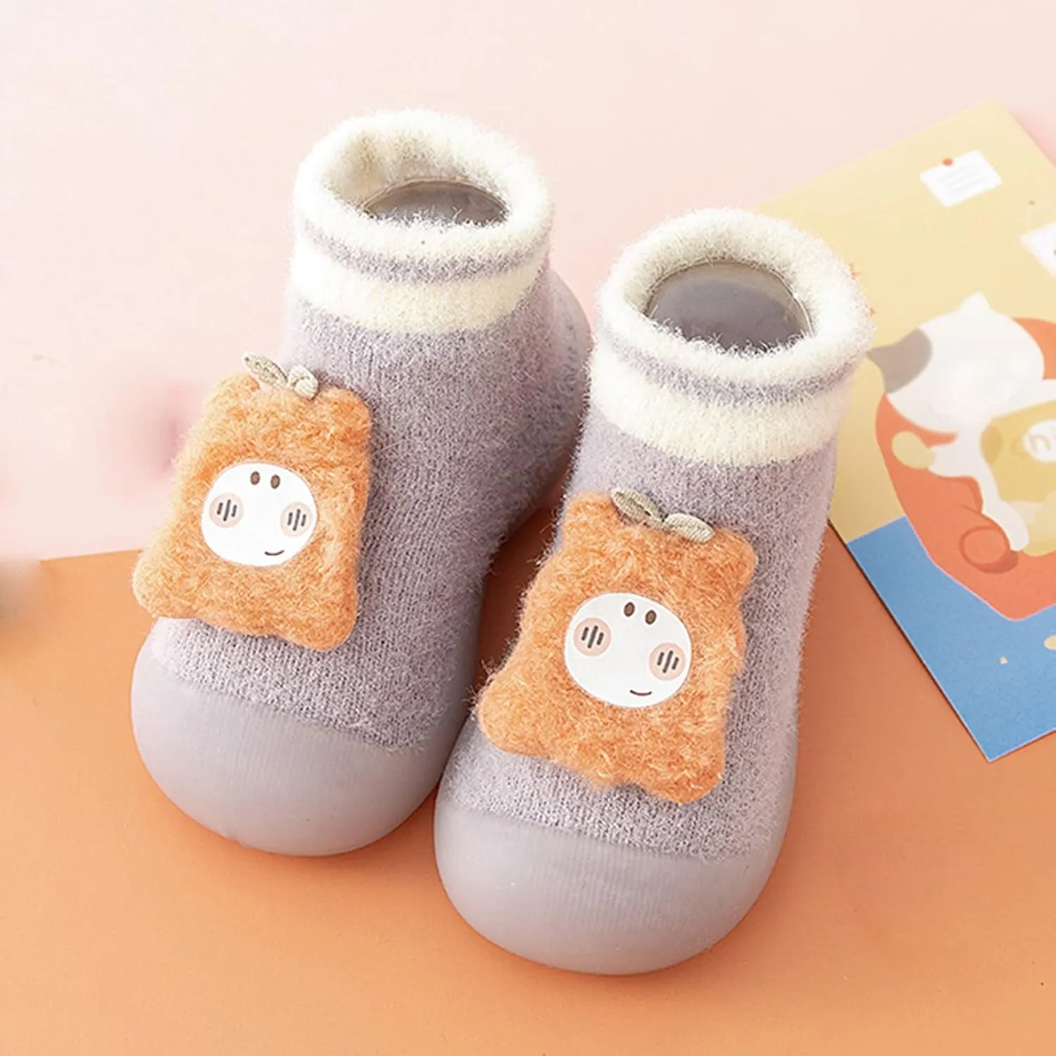 Baby Shoes Baby Sock Shoes Cute Fleece Slippers with Soft Rubber Sole Baby Boys Girls Slip On Sneakers
