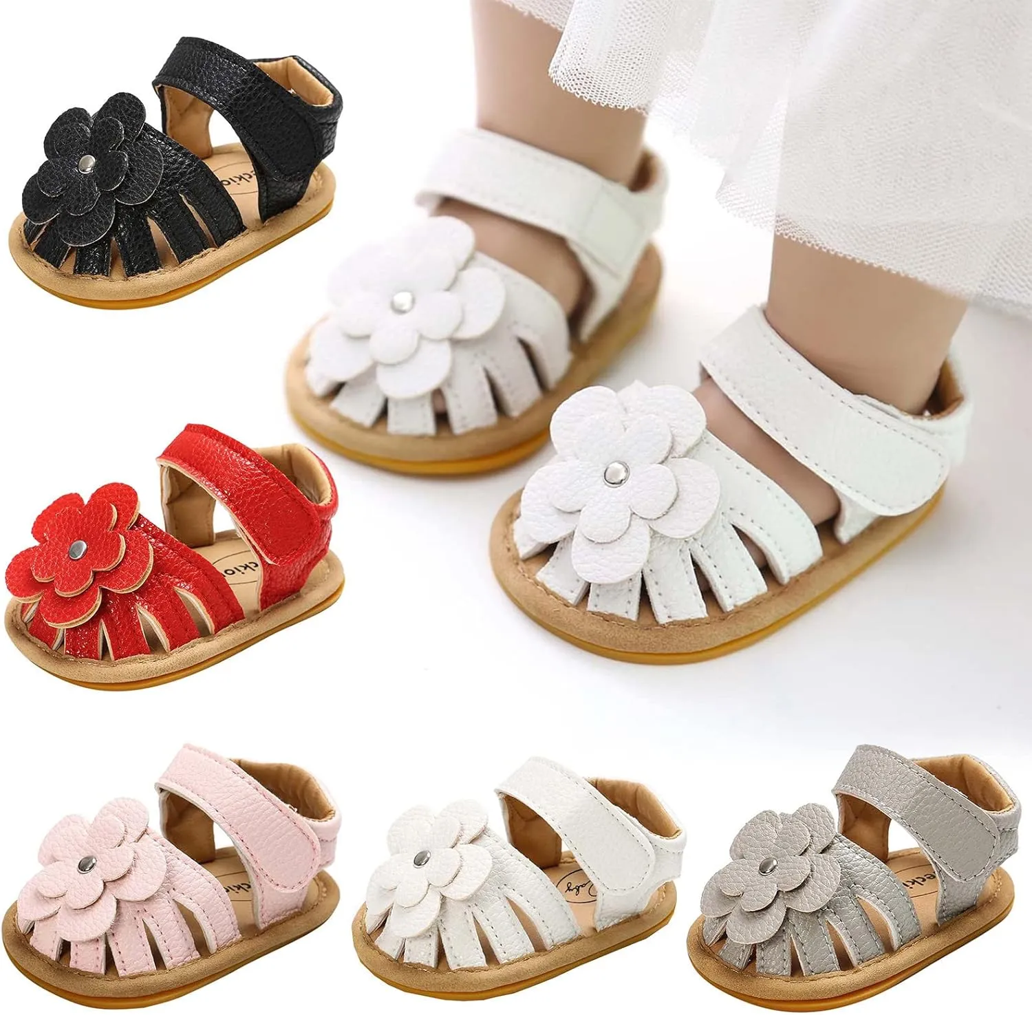 Baby Shoes Girl Soft Sole Sandals Boys Non-Slip Rubber Flat Girls Shoes Walking Flower Baby Baby (Black, 12-18 Months)