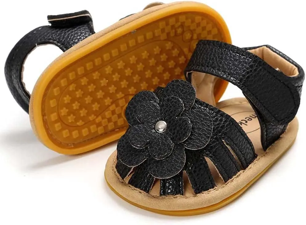 Baby Shoes Girl Soft Sole Sandals Boys Non-Slip Rubber Flat Girls Shoes Walking Flower Baby Baby (Black, 12-18 Months)