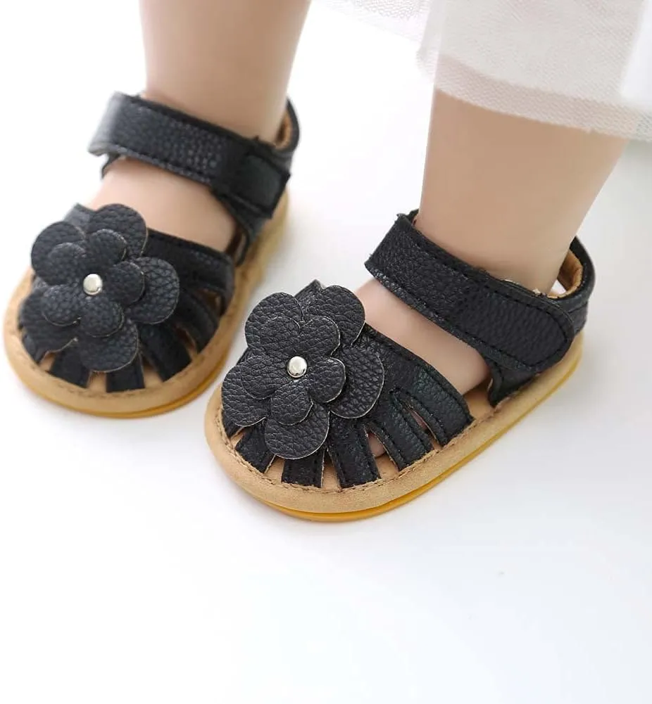 Baby Shoes Girl Soft Sole Sandals Boys Non-Slip Rubber Flat Girls Shoes Walking Flower Baby Baby (Black, 12-18 Months)