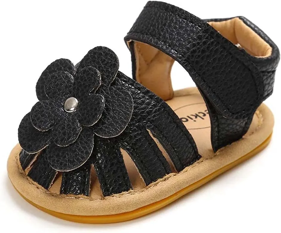 Baby Shoes Girl Soft Sole Sandals Boys Non-Slip Rubber Flat Girls Shoes Walking Flower Baby Baby (Black, 12-18 Months)