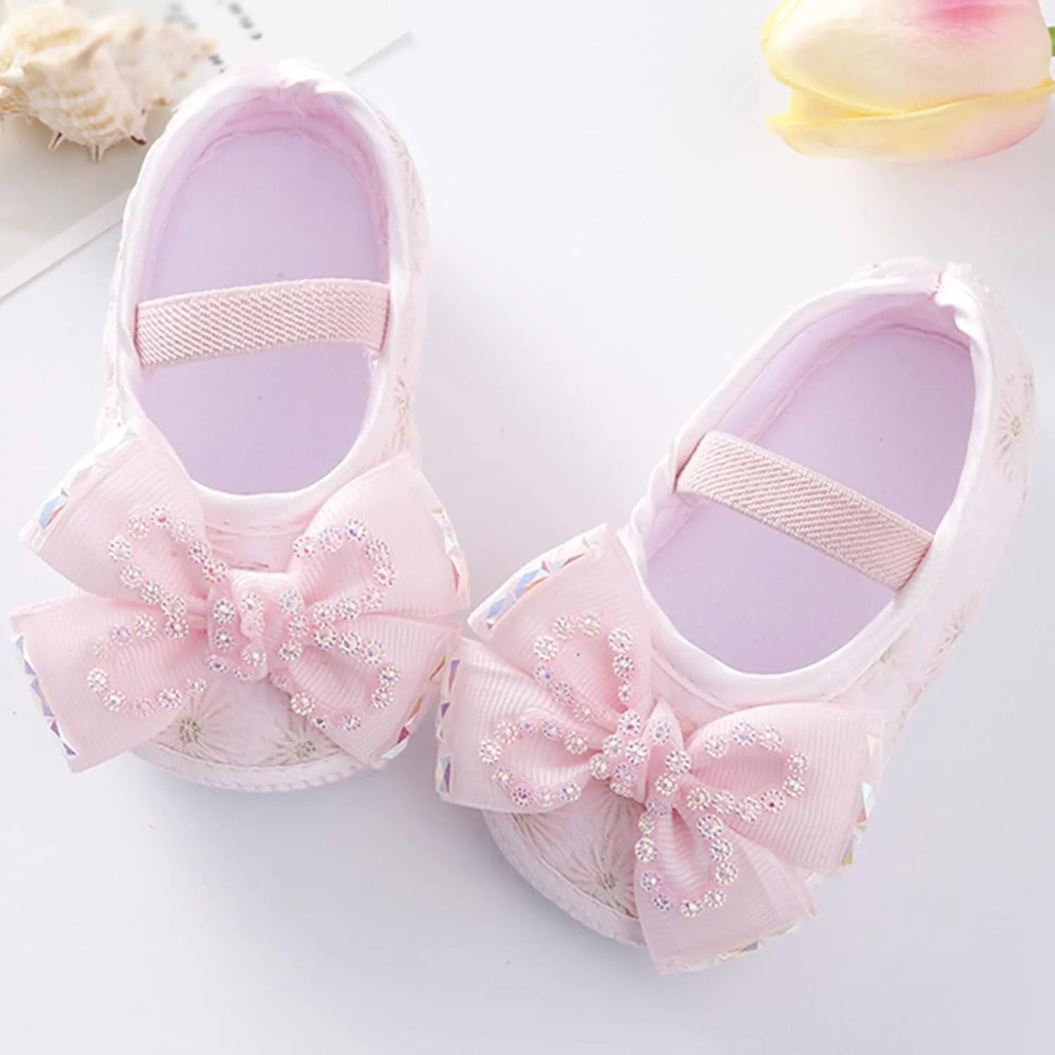 Baby Shoes Soft Sole Shoes Pearl Dress Flower Princess Shoes Toddler Shoes with Hairband