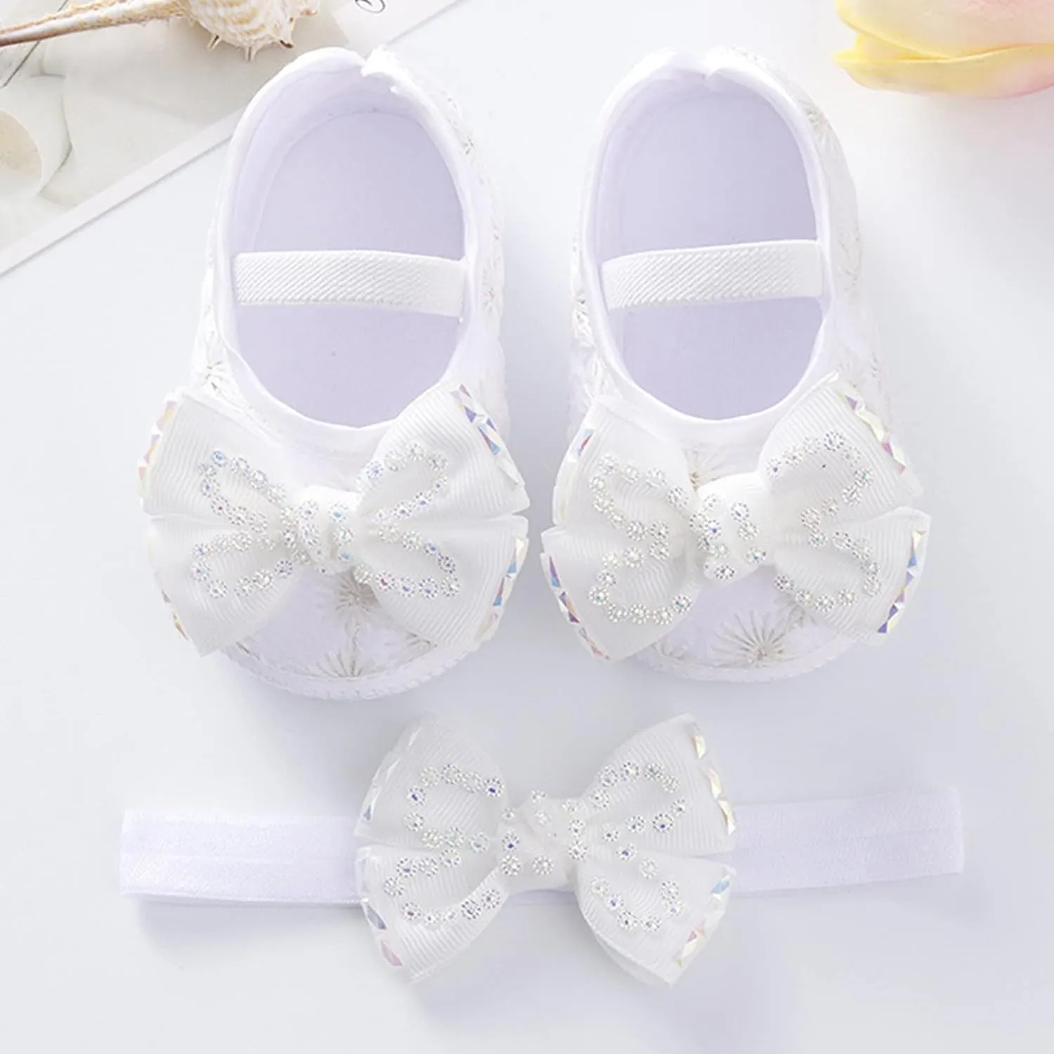 Baby Shoes Soft Sole Shoes Pearl Dress Flower Princess Shoes Toddler Shoes with Hairband