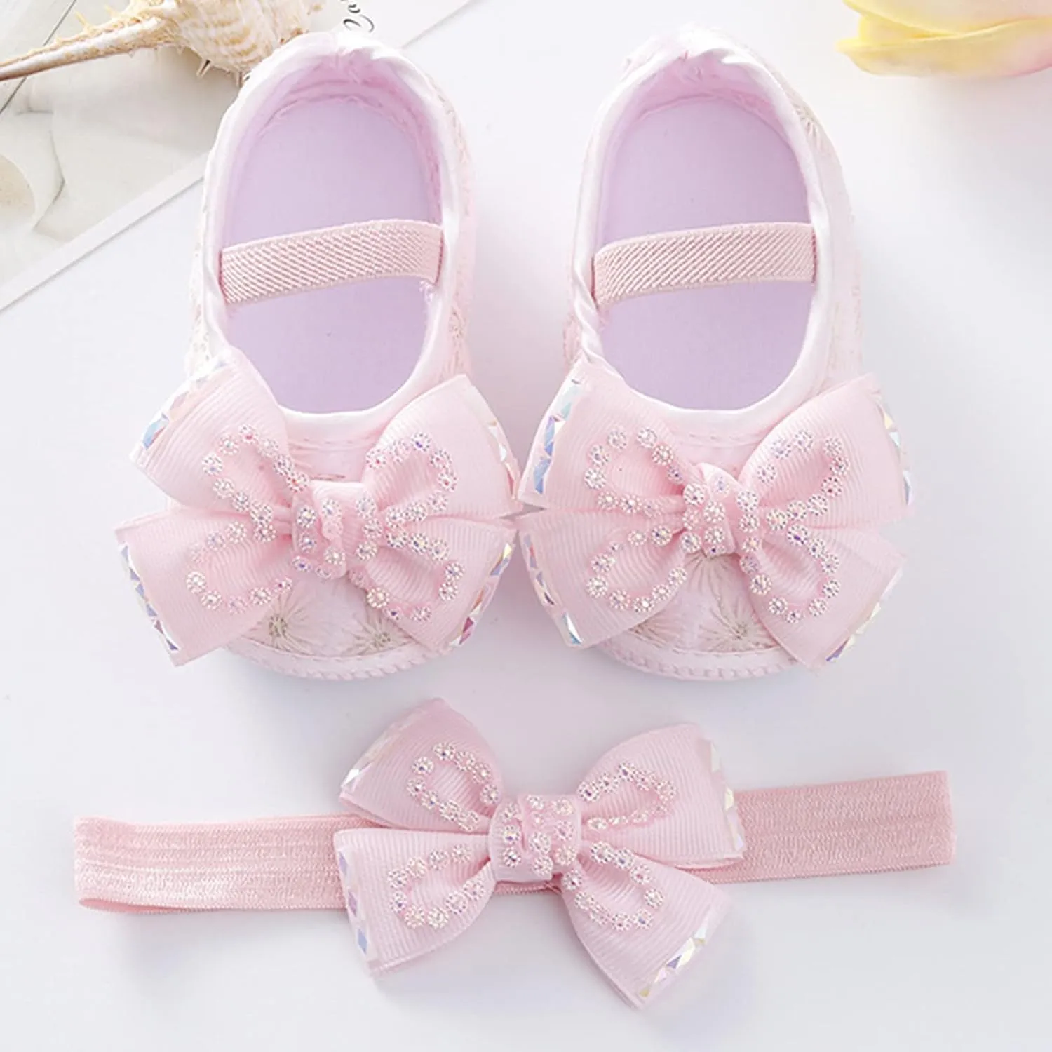 Baby Shoes Soft Sole Shoes Pearl Dress Flower Princess Shoes Toddler Shoes with Hairband