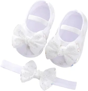 Baby Shoes Soft Sole Shoes Pearl Dress Flower Princess Shoes Toddler Shoes with Hairband