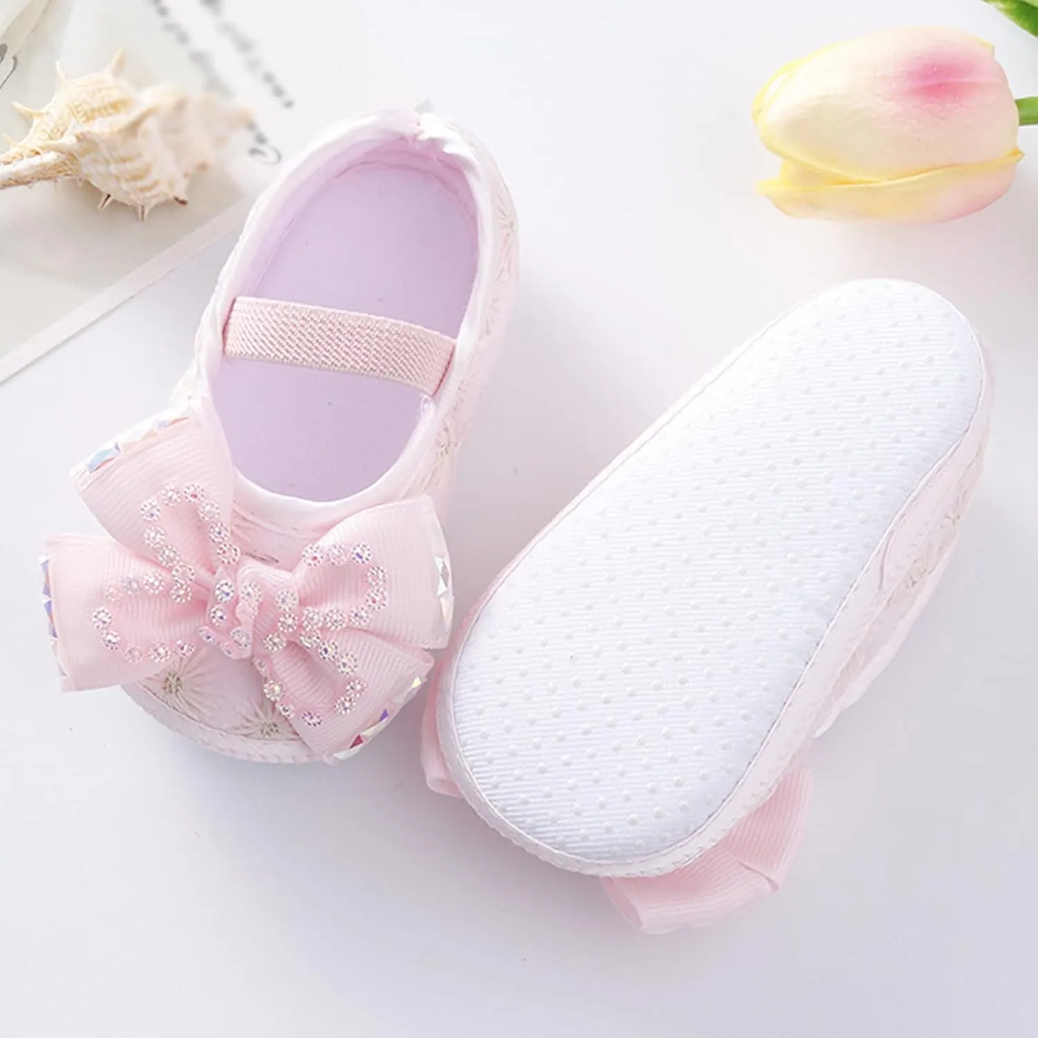 Baby Shoes Soft Sole Shoes Pearl Dress Flower Princess Shoes Toddler Shoes with Hairband