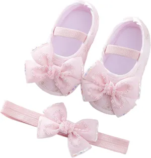 Baby Shoes Soft Sole Shoes Pearl Dress Flower Princess Shoes Toddler Shoes with Hairband