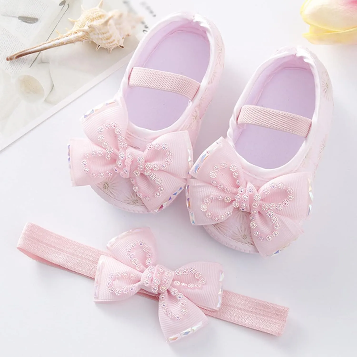 Baby Shoes Soft Sole Shoes Pearl Dress Flower Princess Shoes Toddler Shoes with Hairband
