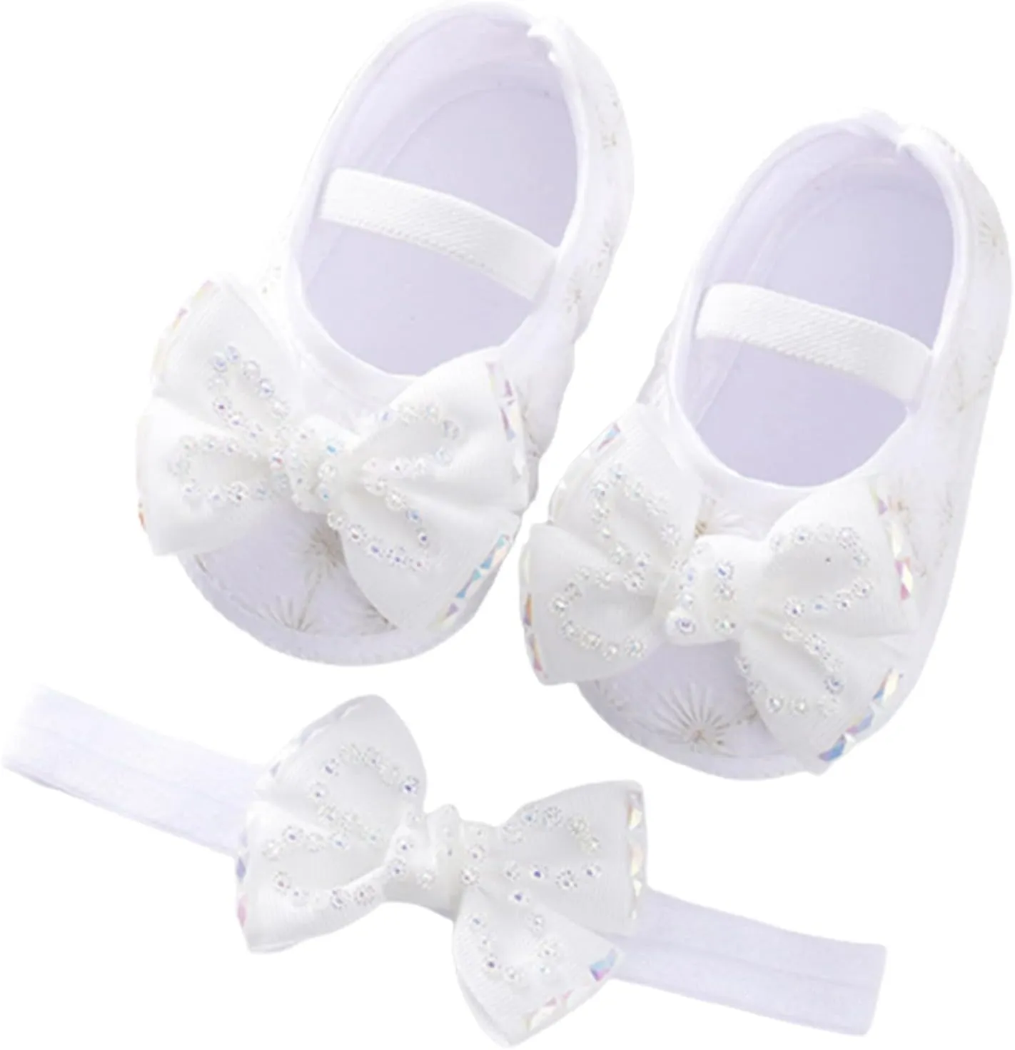 Baby Shoes Soft Sole Shoes Pearl Dress Flower Princess Shoes Toddler Shoes with Hairband