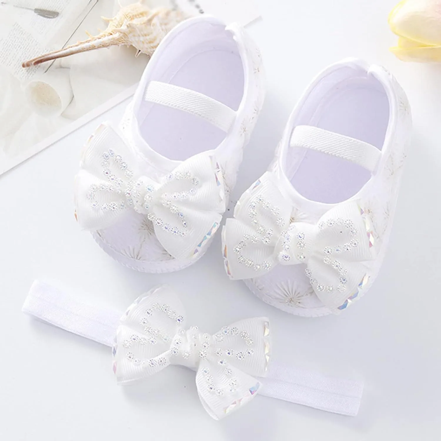 Baby Shoes Soft Sole Shoes Pearl Dress Flower Princess Shoes Toddler Shoes with Hairband