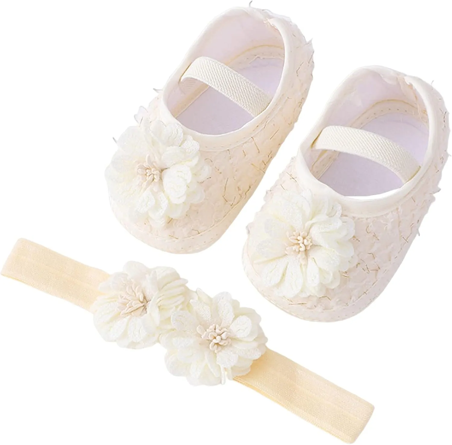 Baby Shoes with Hair Band Fashion Soft Soled Toddler Shoes Versatile Dress Flower Princess Shoes Soft Soles Shoes