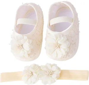 Baby Shoes with Hair Band Fashion Soft Soled Toddler Shoes Versatile Dress Flower Princess Shoes Soft Soles Shoes