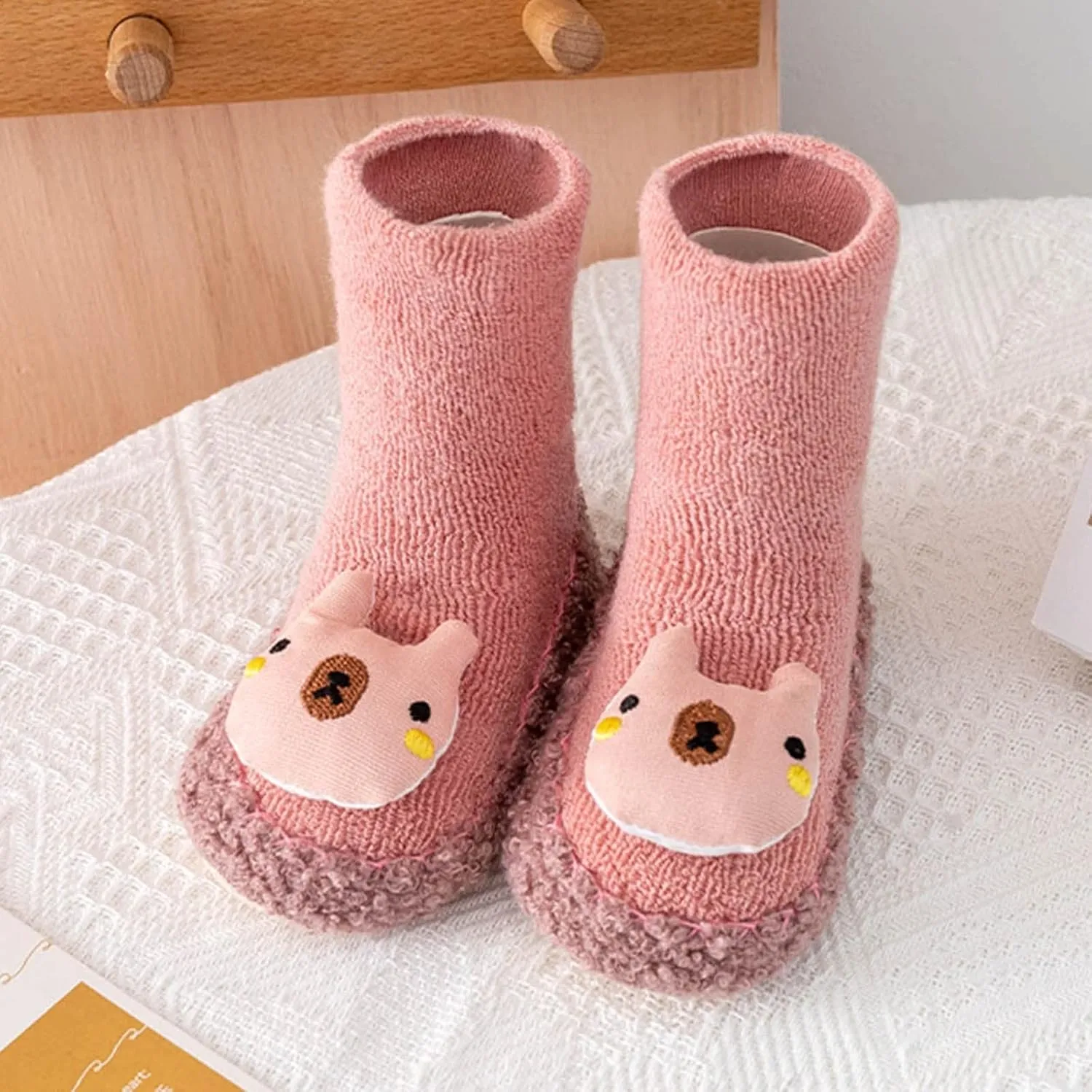 Baby Sock Shoes Ankle Non-Slip Fleece Slippers Cute Warm Soft Sole Sneakers Boys Girls First Walking Toddler Shoes
