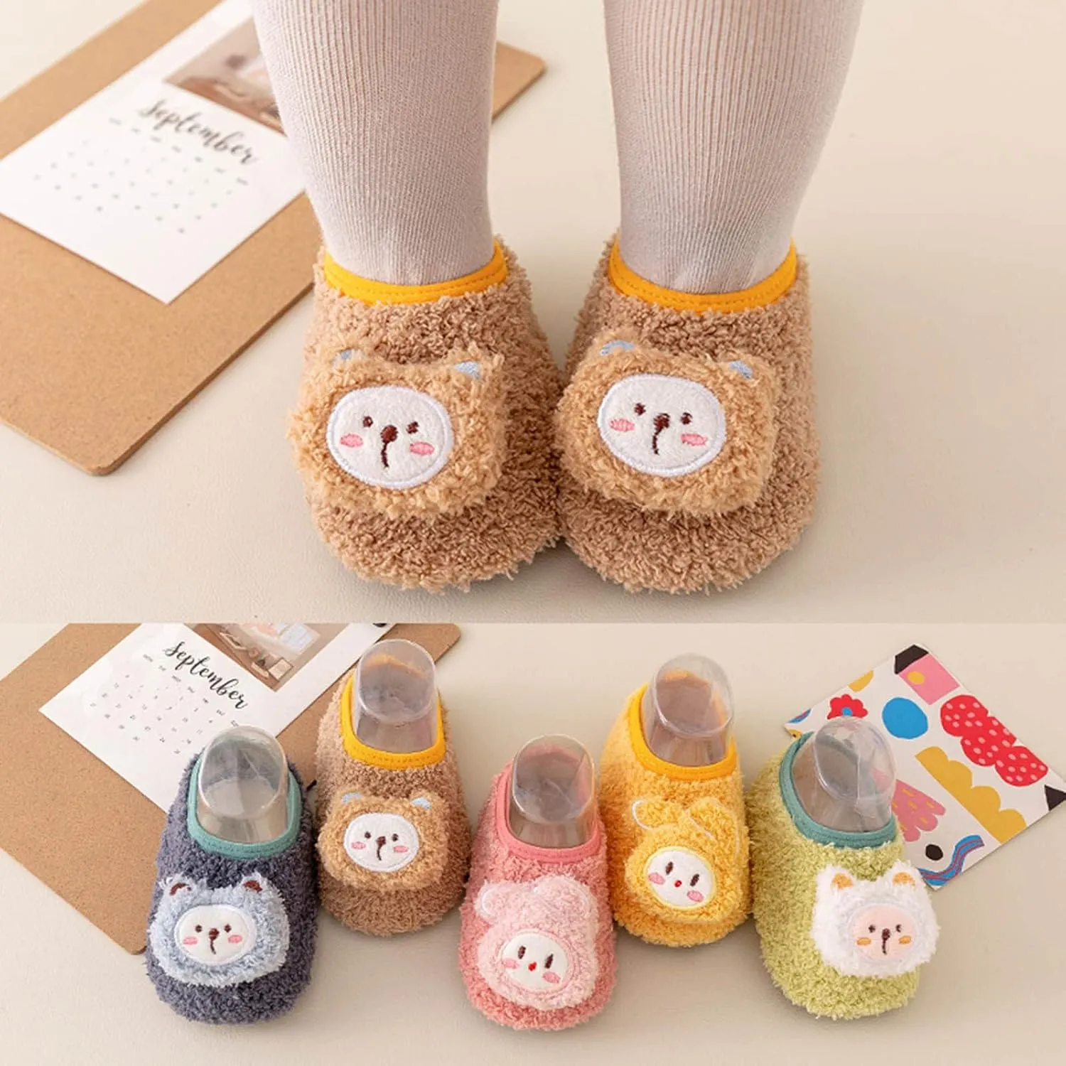 Baby Sock Shoes Cute Bear Warm Slippers Boys Girls First Walking Shoes Non-Slip Slippers Soft Sole Sneakers Shoe