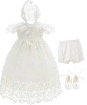 Bow Dream Baby Girls 4 Pcs Gown and Bonnet Christening Baptism Dress Lace Baby Dress