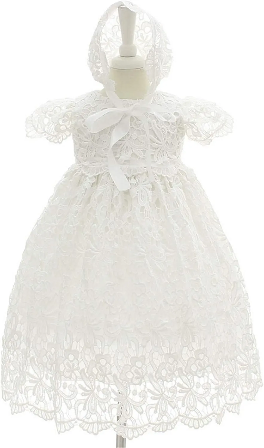 Bow Dream Baby Girls 4 Pcs Gown and Bonnet Christening Baptism Dress Lace Baby Dress