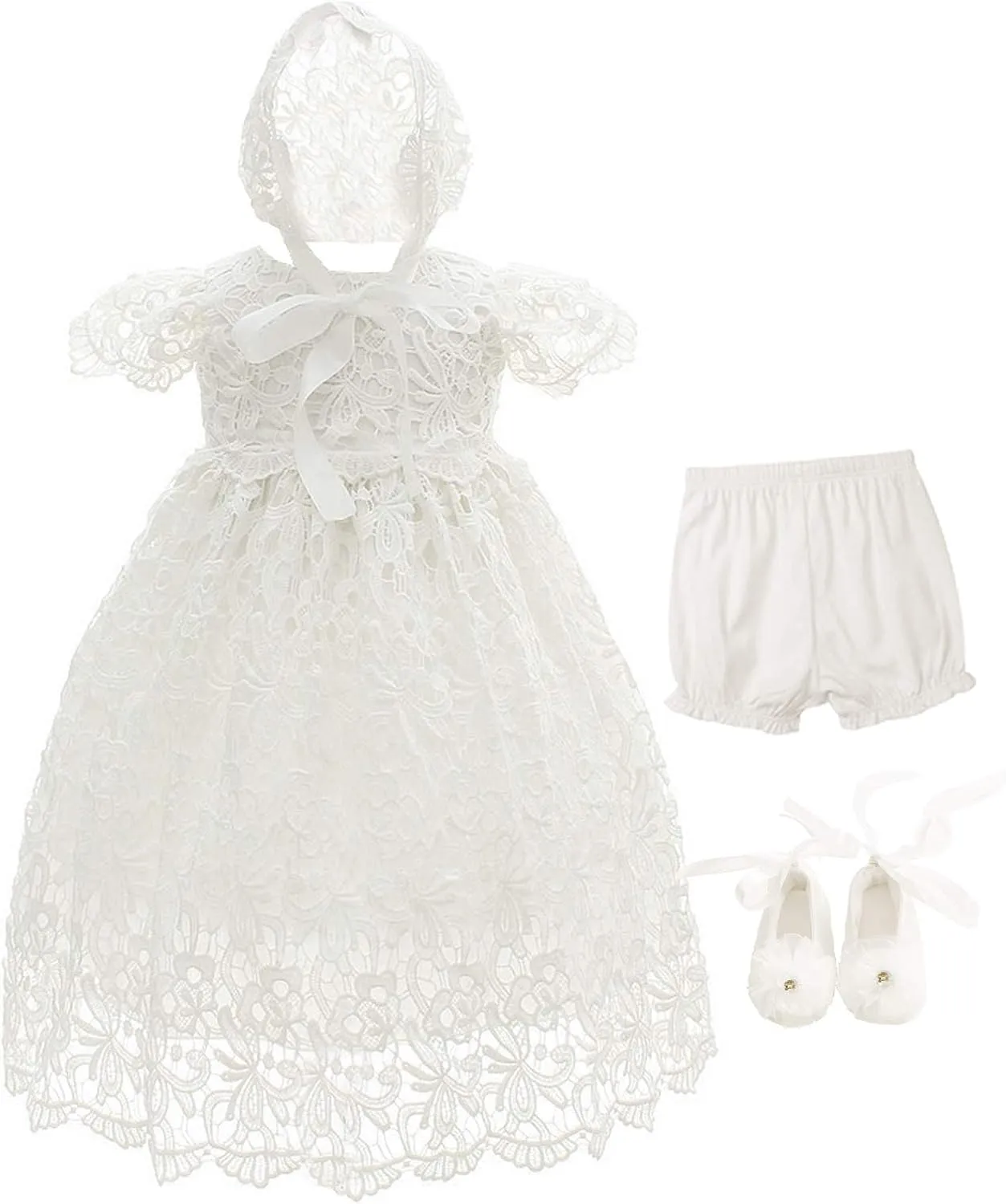 Bow Dream Baby Girls 4 Pcs Gown and Bonnet Christening Baptism Dress Lace Baby Dress