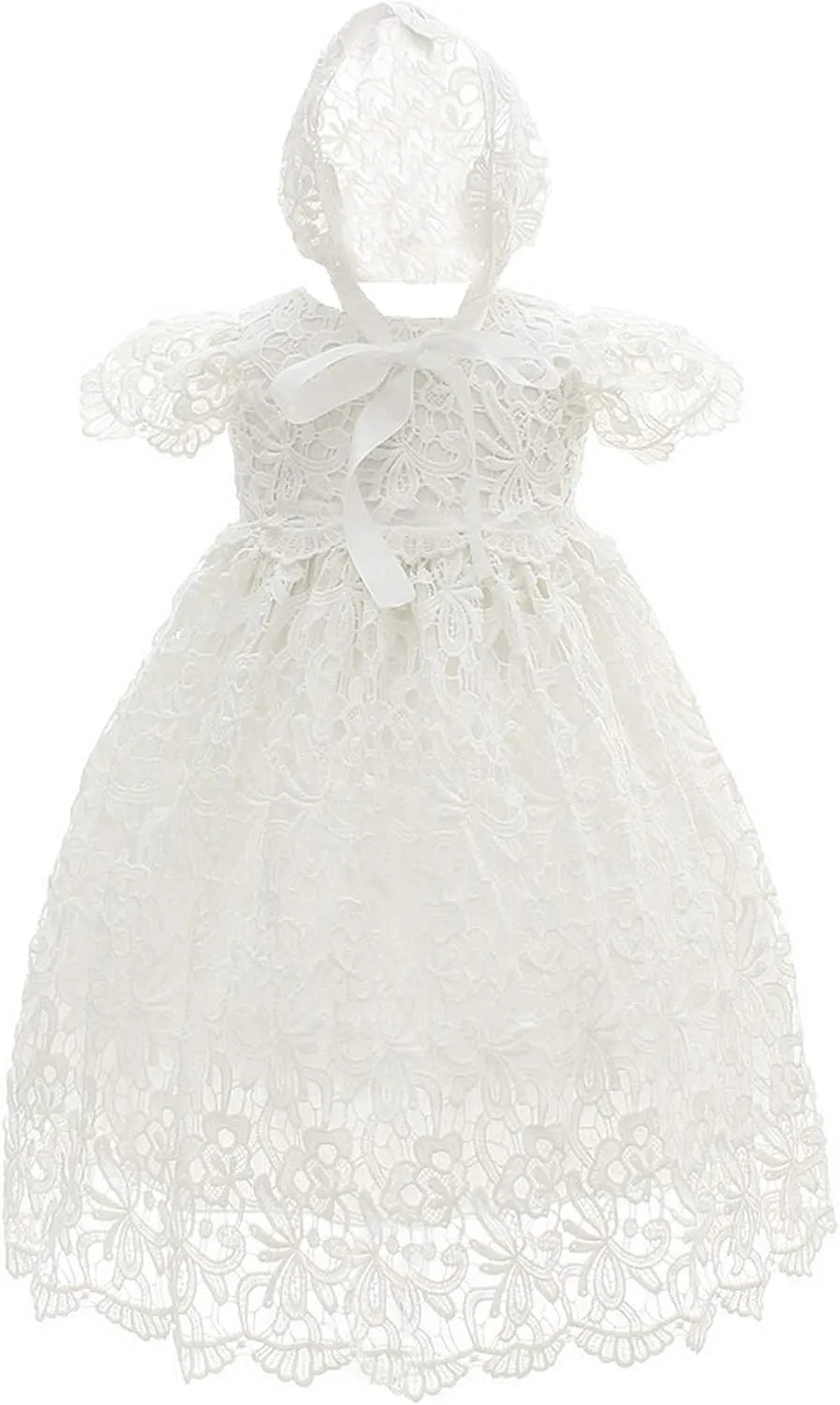 Bow Dream Baby Girls 4 Pcs Gown and Bonnet Christening Baptism Dress Lace Baby Dress