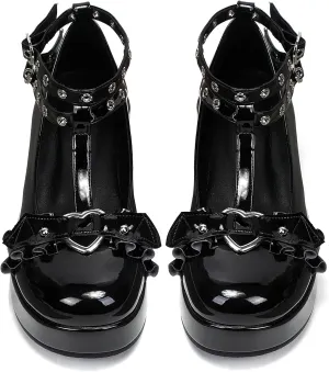 BYOMIGY Mary Jane Shoes Women Goth Platform Heels Chunky Heel Pumps with Ankle Strap Wedge Heels for Women