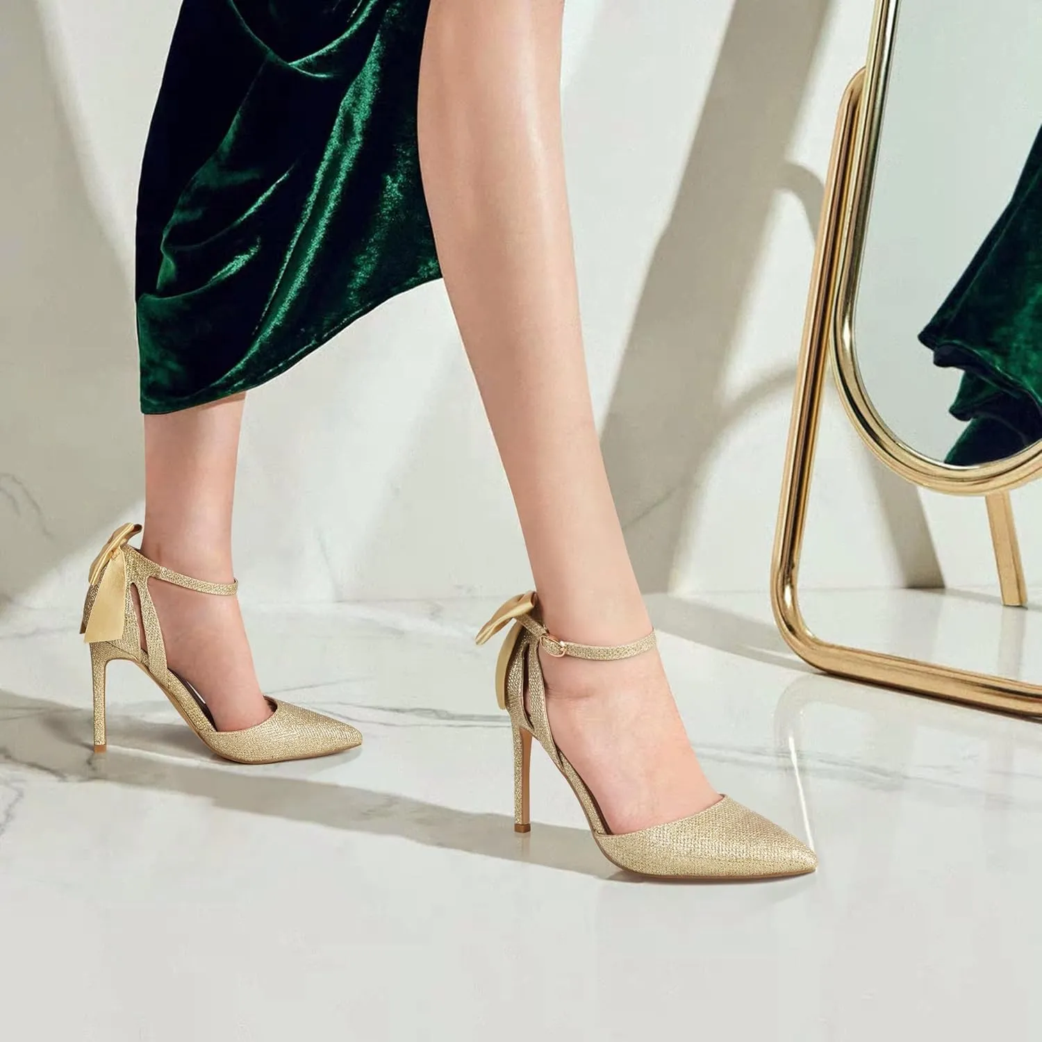 Carcuume Womens Bow Tie Back Heels Close Toe Pumps Stiletto High Heels Wedding Shoes Ankle Strap Heel Sandals