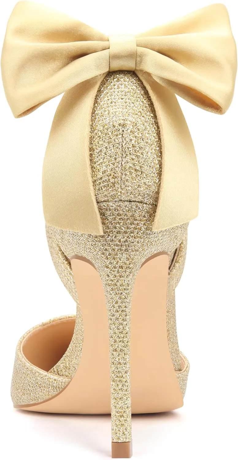 Carcuume Womens Bow Tie Back Heels Close Toe Pumps Stiletto High Heels Wedding Shoes Ankle Strap Heel Sandals